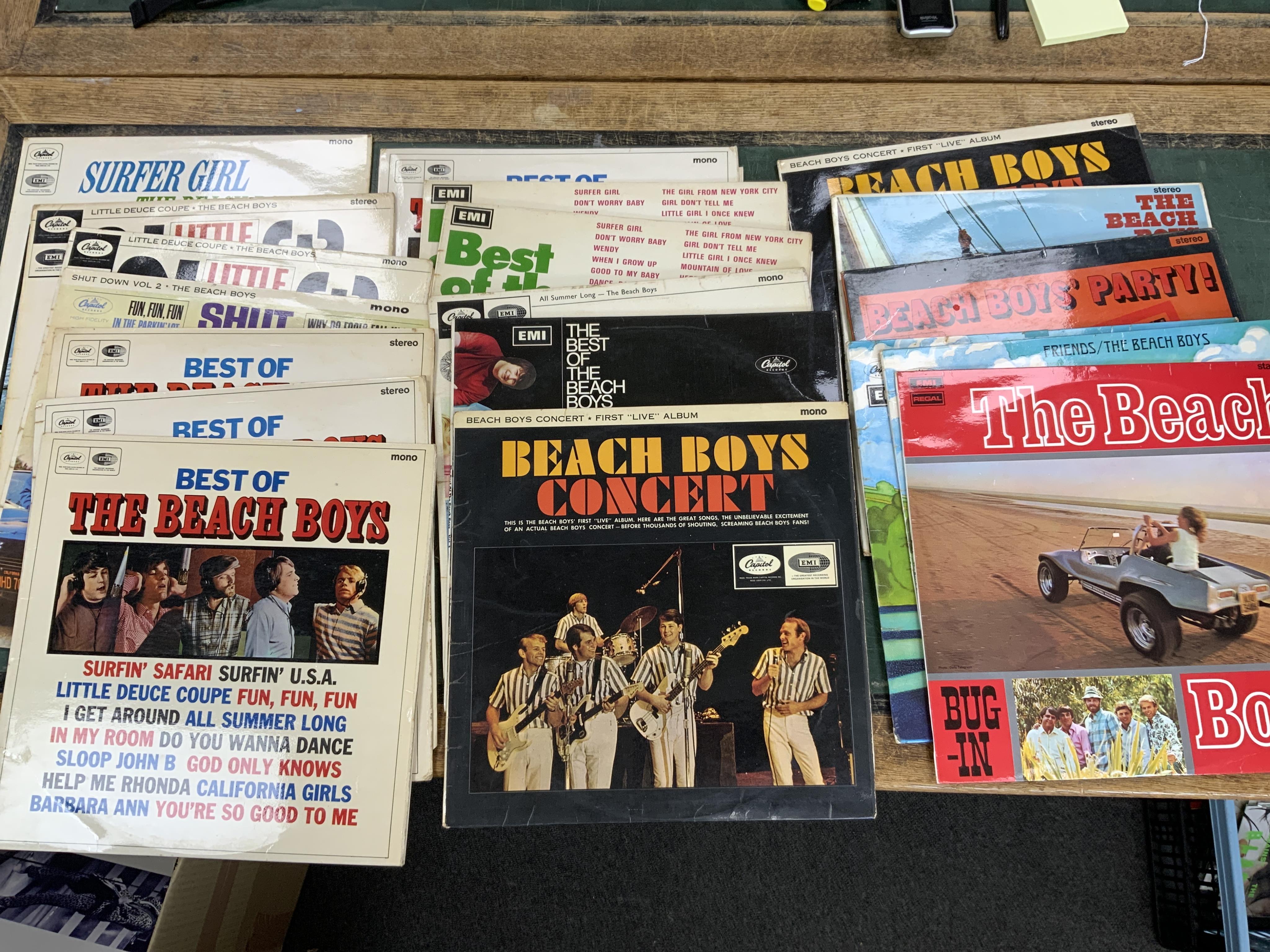 Nineteen The Beach Boys LP record albums including; Surfer Girl, Little Deuce Coupe, Shut Down Vol.2, Best of the Beach Boys, Concert, Summer Days, Friends, Bug-In, etc. including multiple copies of some albums/compilati